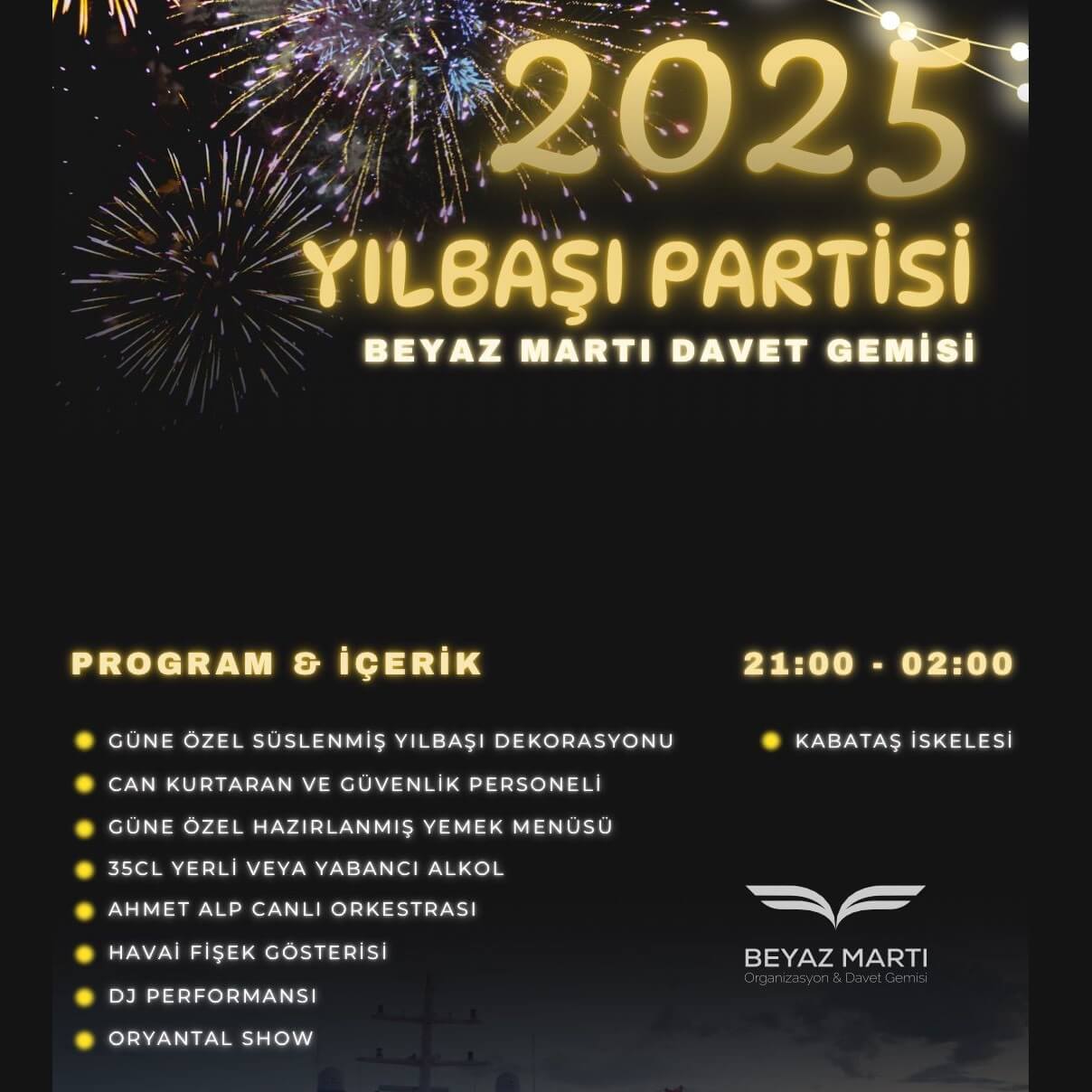 Beyaz Martı Davet Gemisi Teknede Yılbaşı Programı 2025